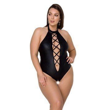 Боді з екошкіри Passion NANCY BODY 6XL/7XL black, з імітацією шнурівки та відкритим доступом SO7105 фото