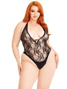 Тедди Leg Avenue Floral lace deep-V teddy, 1X/2X, черное, кружевное, открытая спина, высокие трусики SX1084 фото
