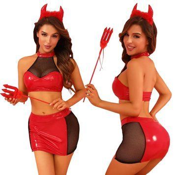 Эротический костюм дьяволицы JSY &laquo;Искусительница Джен&raquo; One Size, топ, юбка, трусики, рожки, жезл SX0400 фото