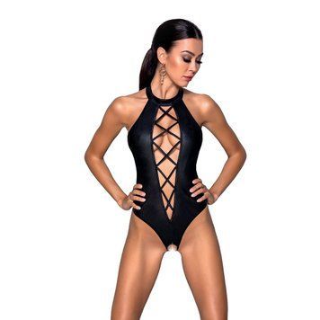 Боди из эко-кожи с имитацией шнуровки и открытым доступом Nancy Body black XXL/XXXL - Passion SO5372 фото