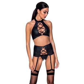 Комплект з еко-шкіри з імітацією шнурівки Passion NANCY SET L/XL black топ, трусики, пояс для панчіх SO5373 фото
