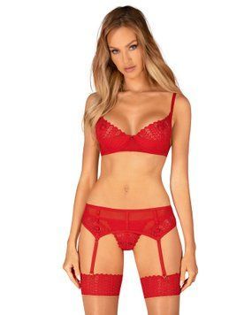 Комплект Obsessive Ingridia 3-pcs set XL/2XL, червоний, бюстгальтер, стрінги, пояс SO9035 фото
