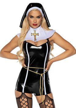Виниловый костюм монашки Leg Avenue Sinful Sister L, комбинезон, воротник, пояс, головной убор SO7920 фото