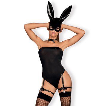 Еротичний костюм кролика Obsessive Bunny costume L/XL, black, боді, чокер, гартери, панчохи, маска SO7702 фото