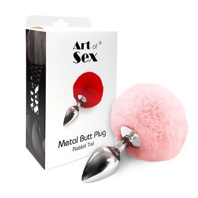 Металлическая анальная пробка М Art of Sex - Metal Butt plug Rabbit Tail, Нежно-розовый SO6692 фото