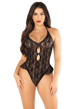 Боді Leg Avenue Lace Floral Lace Halter Teddy with Flutter Accent One Size, Black SX1755 фото