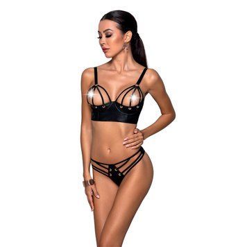 Комплект из эко-кожи с люверсами и ремешками Malwia Bikini black S/M &mdash; Passion, бра и трусики SO5763 фото
