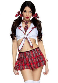 (SALE) Костюм школярки Leg Avenue Miss Prep School XS, топ, спідниця, краватка, бантики SO8548 фото
