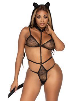 Еротичний костюм кішки Leg Avenue Roleplay Sex Kitten One size Black, боді, вушка, чокер SO8601 фото
