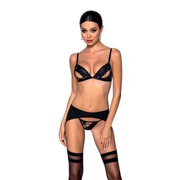 Комплект из эко-кожи Passion Miley Set black S/M: трусики, бюстгальтер, пояс для чулок SO5772 фото
