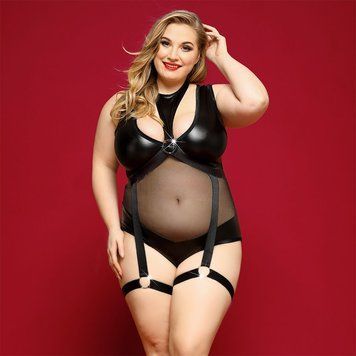Элегантное боди из экокожи JSY &laquo;Соблазнительная Морган&raquo; Plus Size, Black, сетка, портупея с гартерам SO8379 фото