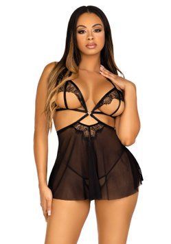 Сорочка бебі-дол з відкритими чашками Leg Avenue Lace and mesh babydoll & panty Black M, стрінги SO9164 фото