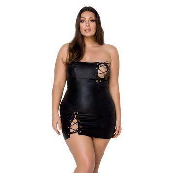 Мінісукня з екошкіри Passion CELINE CHEMISE 4XL/5XL, black, шнурівка, трусики в комплекті SO7061 фото