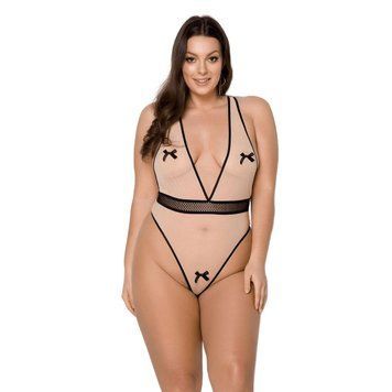 Боді Passion VIENA BODY 6XL/7XL, beige, контрастне, бантики, вставка-сітка, відкриті сідниці SO7112 фото